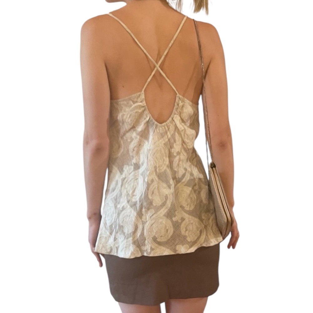 VTG Isda & Co Taupe Silk Linen Paisley Backless Sleeveless Cami Blouse Tank Top